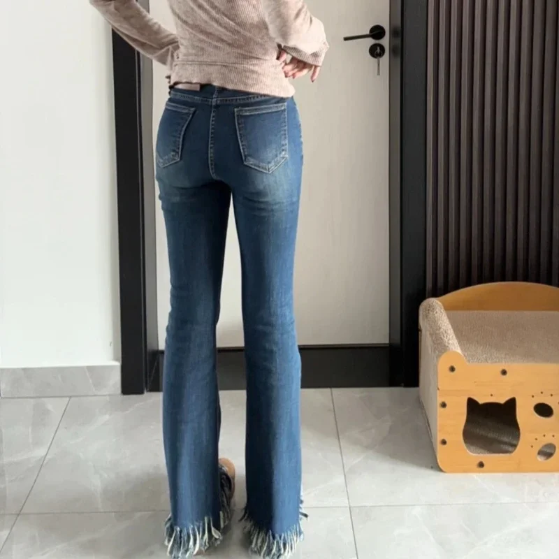 Flare Jeans Women Blue Tassel Design Vintage Personality Casual High Waist Streetwear Fashion Washed Versatile Korean Style Soft