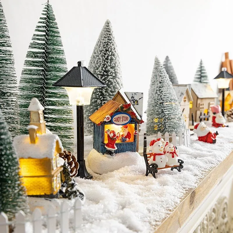 Christmas Snow Decoration Props Luminous Cabin Ornament Christmas Tree Micro Landscape Town Fireplace Decoration