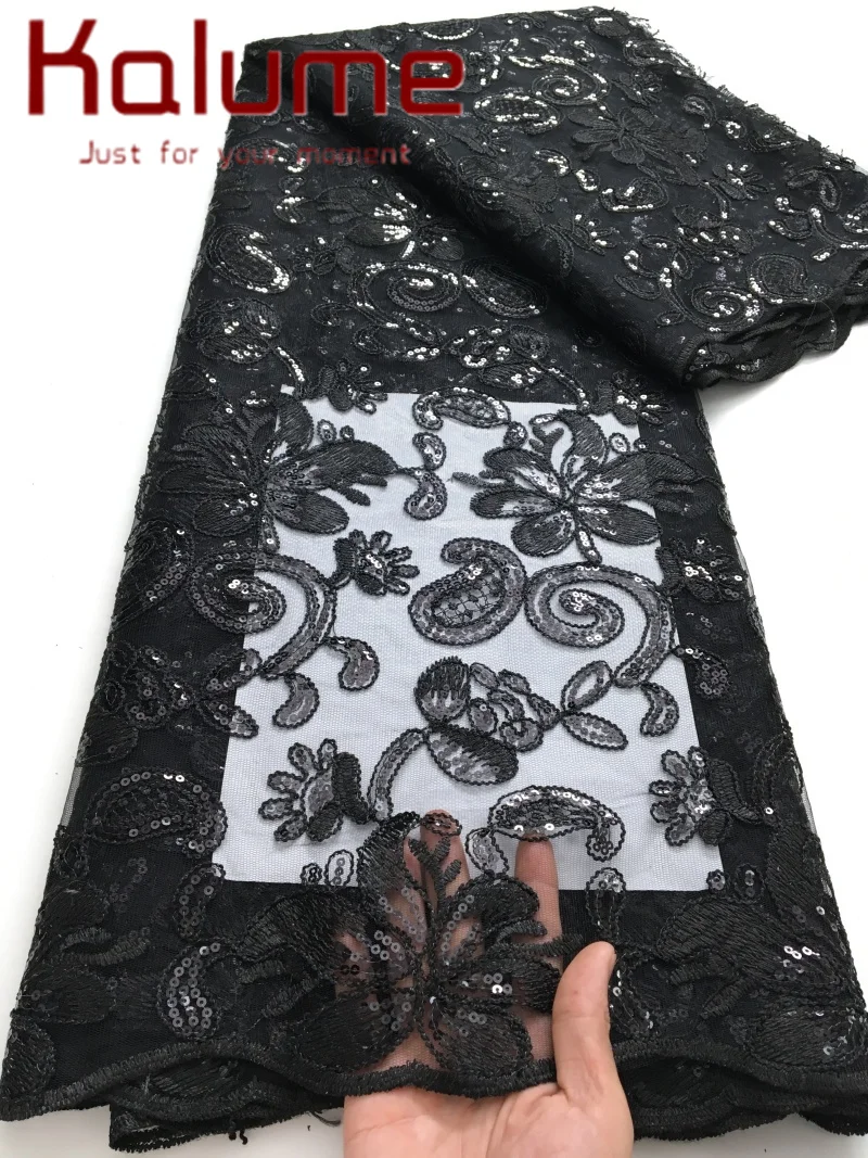 

Kalume 2026 African Milk Silk Lace Fabric High Quality 5 Yard Sequins Rope Embroidery Nigerian Mesh Tulle Lace Fabric for Sewing