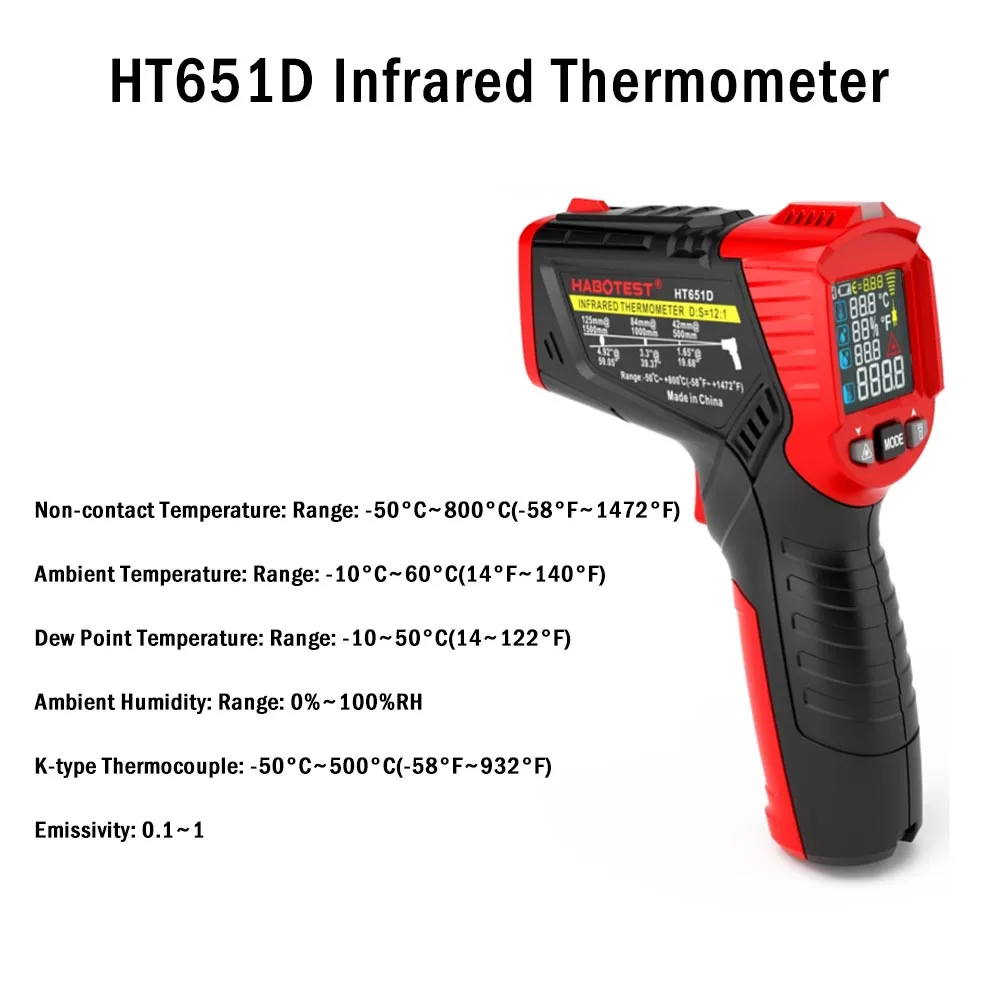 1pc HABOTEST HT651D Infrared Thermometer Non Contact -50 to 550 Degree Detector Laser Tester Meter Hand Tool