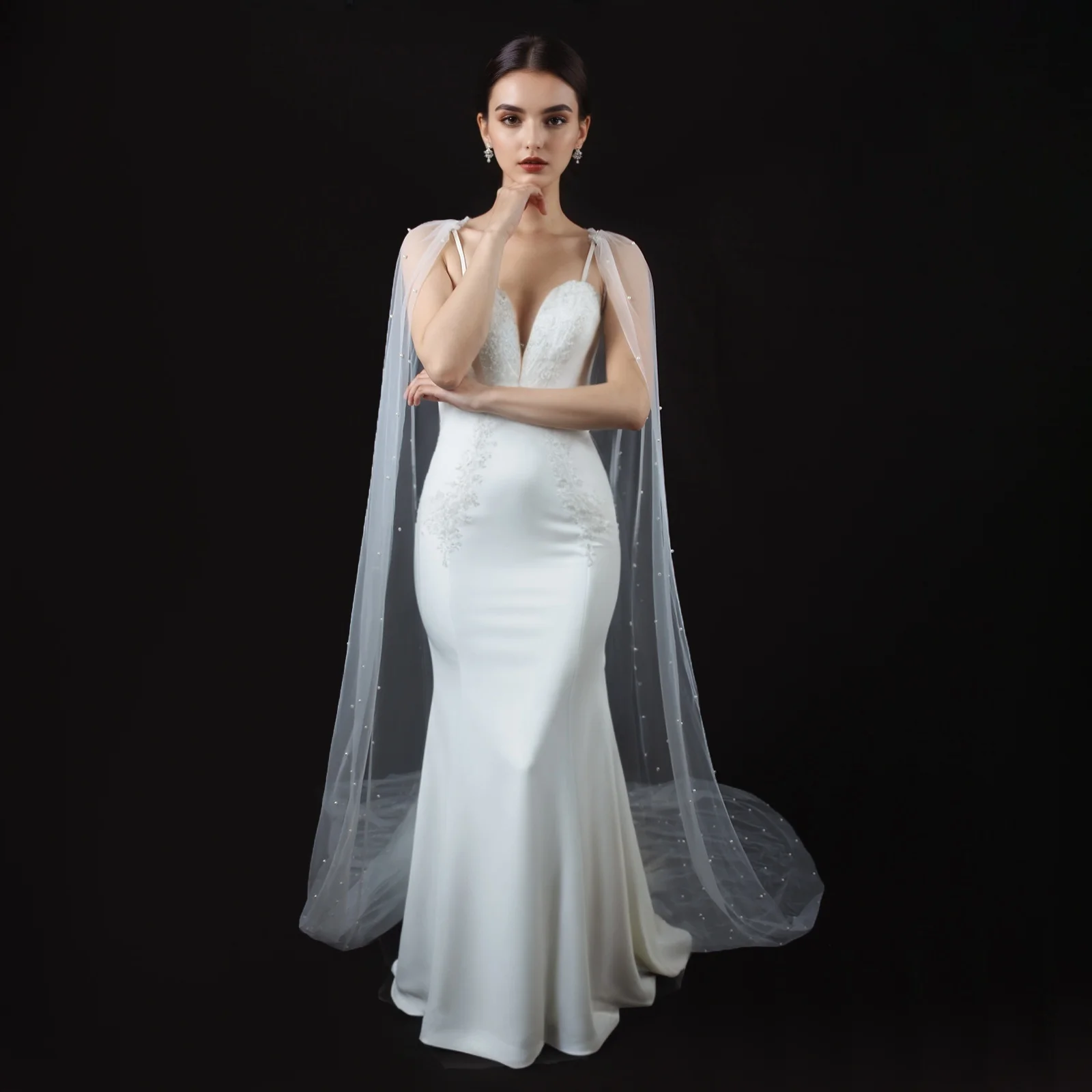 Bridal Tulle Cape Pearls Rhinestone Chain Long Trailing Wedding Shawl Bride Photo Stage Detachable Pin-On Lightweight Wrap GP78