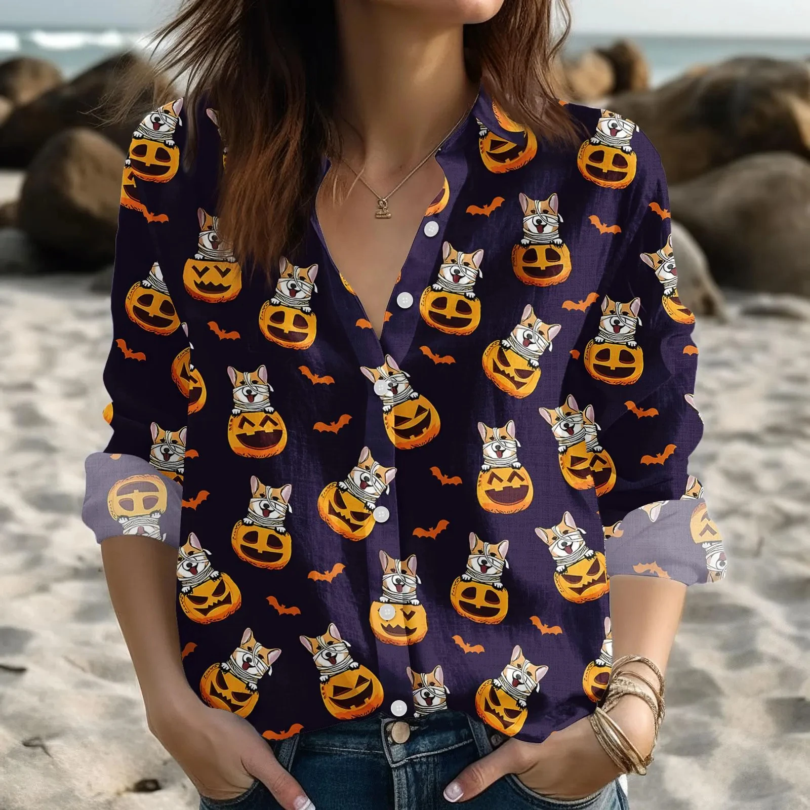 

Женская рубашка с длинными рукавами и тыквой на Хэллоуин, осенняя новая рубашка на пуговицах, топ с принтом черепа, женская жуткая милая рубашка с собакой