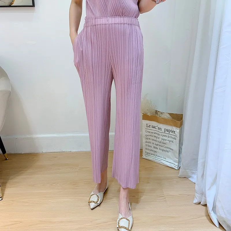 

Женские летние новые плиссированные брюки с высокой талией и широкими штанинами, прямые, укороченные, с узором «Лотос»