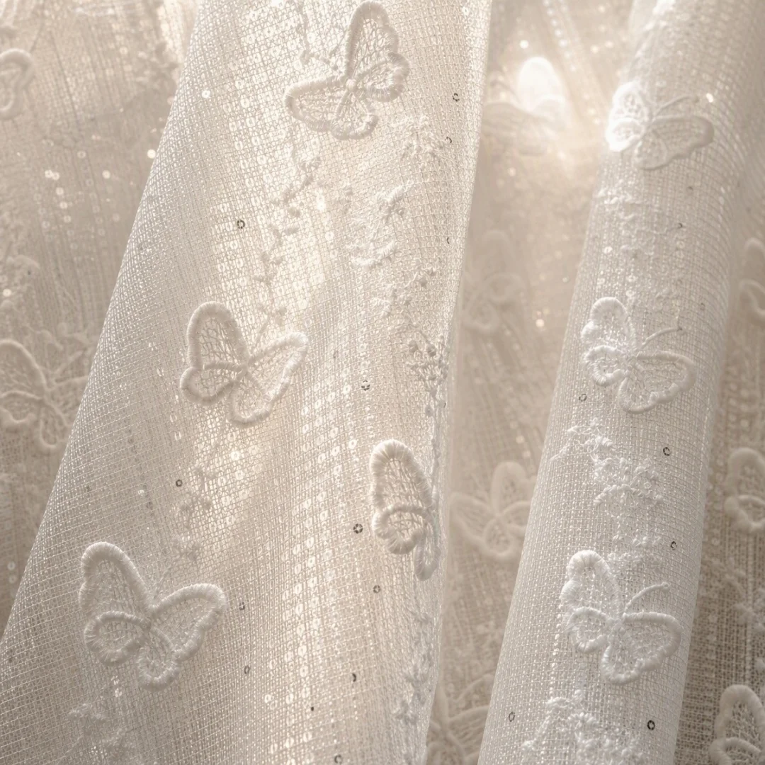 3D Butterfly Embroidery Sheer Curtain Sparkle Sequin Lace Tulle Window Curtain for Bedroom Wedding Home Decor