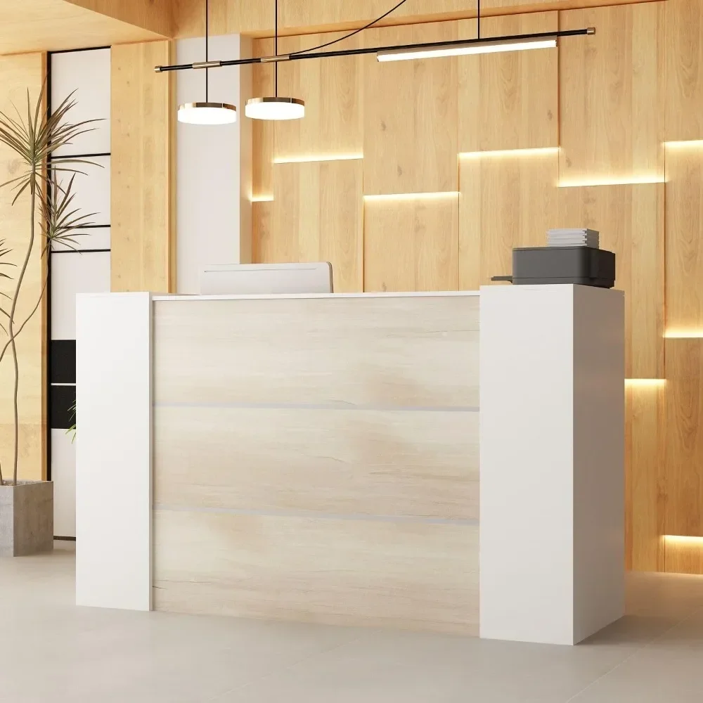 Reception Desk Front Counter Desk with Lockers and Adjustable Shelves, Front Desk Reception Counter for Salon Oak and White