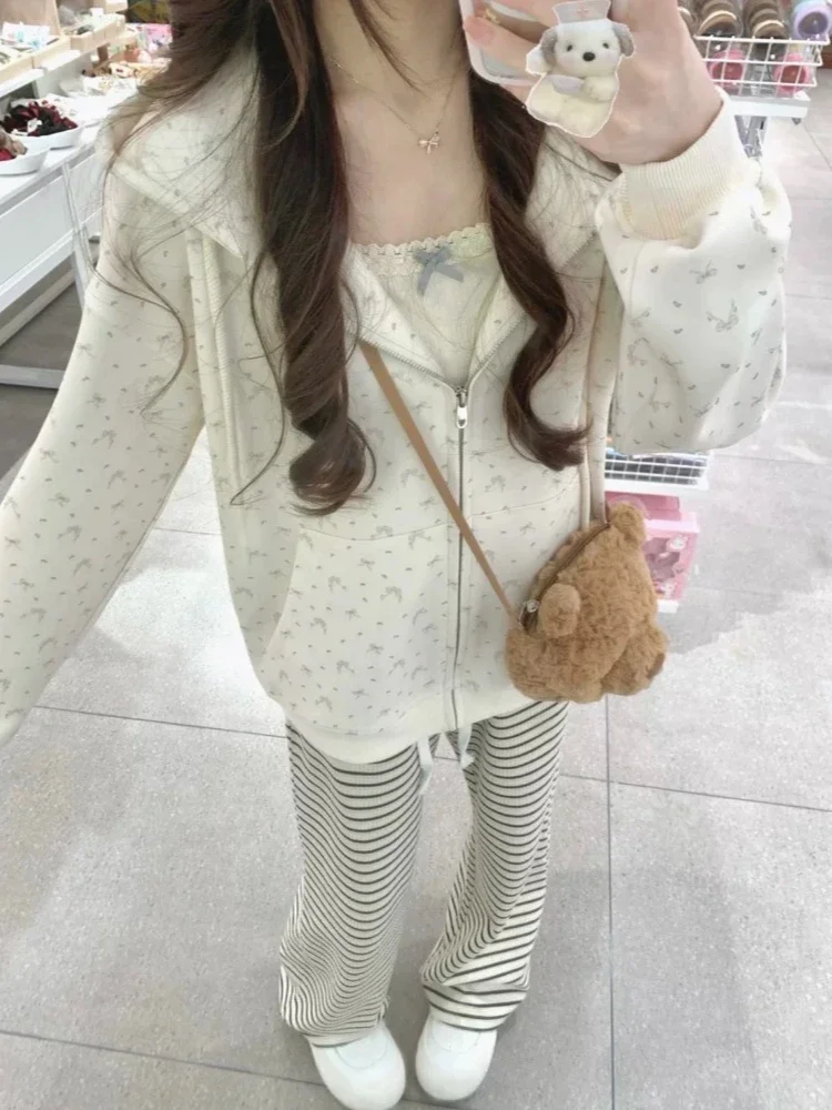 2025 Soft Girl Cuteore Sweet Coquette Hoodies Women Y2k Harajuku Kawaii Streetwear Bow Print Oversized Hooded Casual Sweatshirt