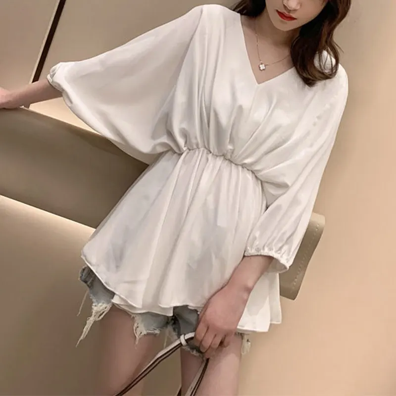 Women Summer Fashion Office Lady Simplicity V-neck Chiffon Shirts Women Clothes Elegant Temperament All-match Casual Loose Tops