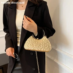 Round Handle Golden Evening Clutch Bags For Women Metal Texture Luxury Designer Purses And Handbags Wedding Party Crossbody Bag