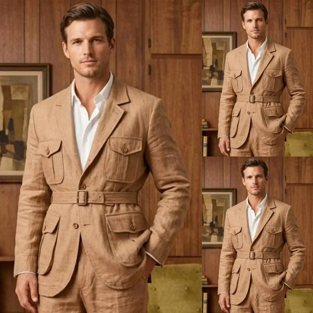 Vintage 2 Pieces Linen Suit British Safari Style Men Belted Waist Multi Flap Pocket Jacket Pants Breathable Summer Customized