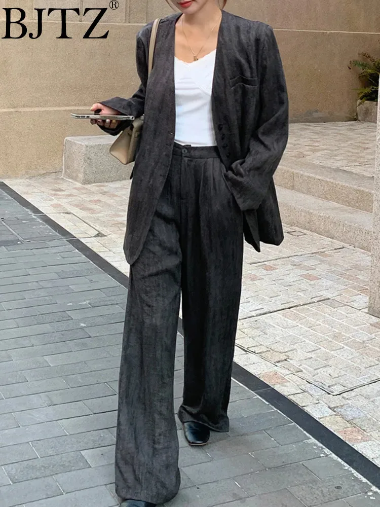 

BJTZ Design Inspired Cotton Linen 2 Piece Set For Women 2025 Spring Autumn Fashion Temperament High Waist Wide Leg Pants Sets