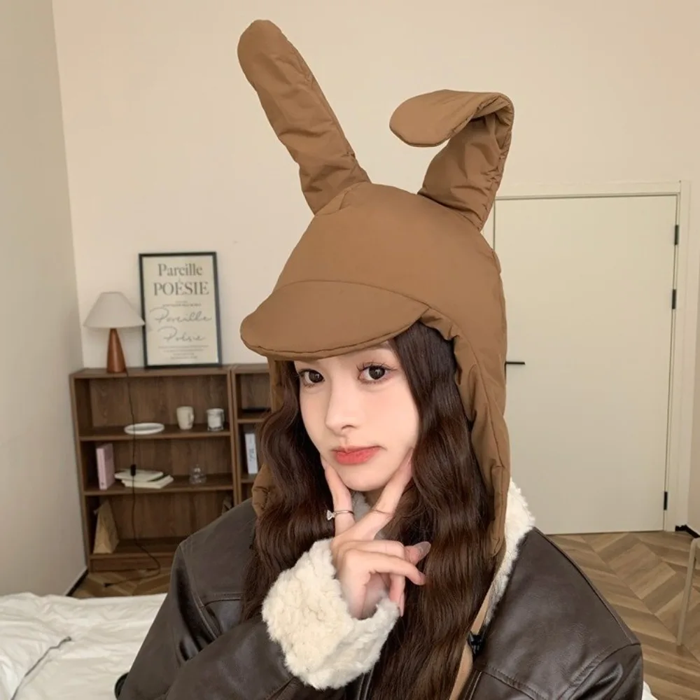 Ultra-Light Windproof Rabbit Ear Padded Hat Solid Color Short Brim Pilot Hat Adjustable Thickened Ear Protection Hat Ladies