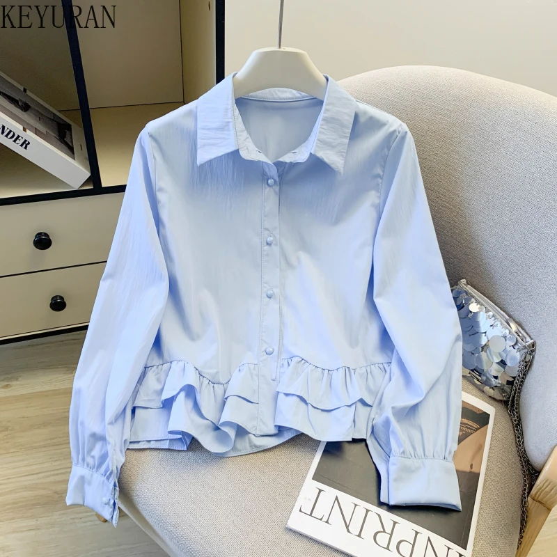 

2026 New Spring Sweet Preppy Korean Loose Ruffles Shirts Women Long Sleeve Casual Blouse Female Solid Simple All Match Chic Tops