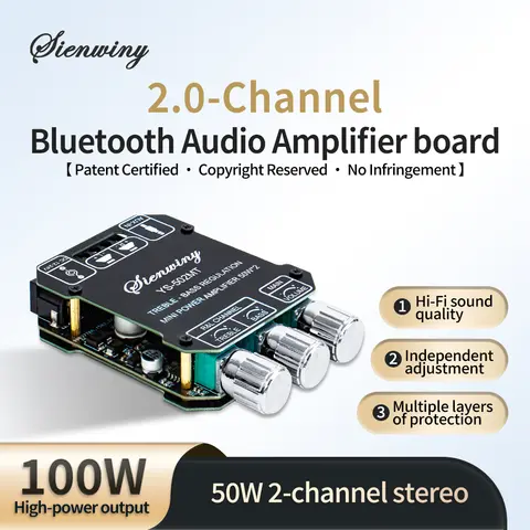 Mini Bluetooth 2.0 Audio Amplifier YS-502MT, 50W+50W Hi-Fi Stereo Power Amp, AUX Input, Adjustable Treble Bass EQ, Low Noise
