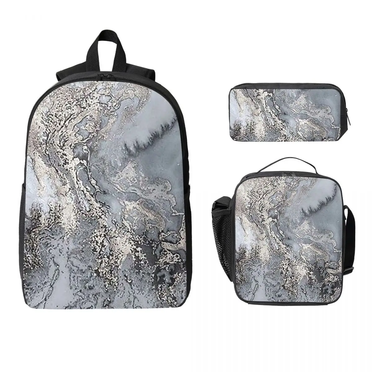 Grey And Silver Marbl Backpack Boys Girls BookBag School Bag Laptop Shoulder Bags 3ps Insulated Lunch Bag Pencil Case