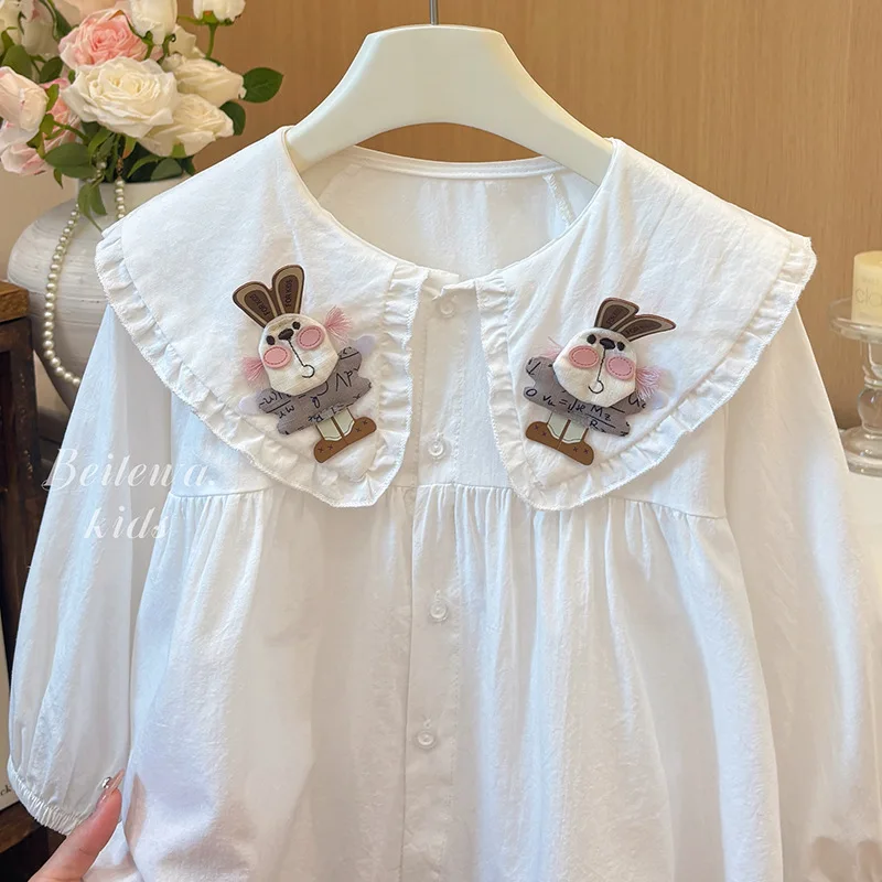 

Girls' New Cotton Shirt for Girls, Spring and Autumn Long Sleeve Shirt with 3D Rabbit Doll Collar and Lace Trim, Stylish Princes