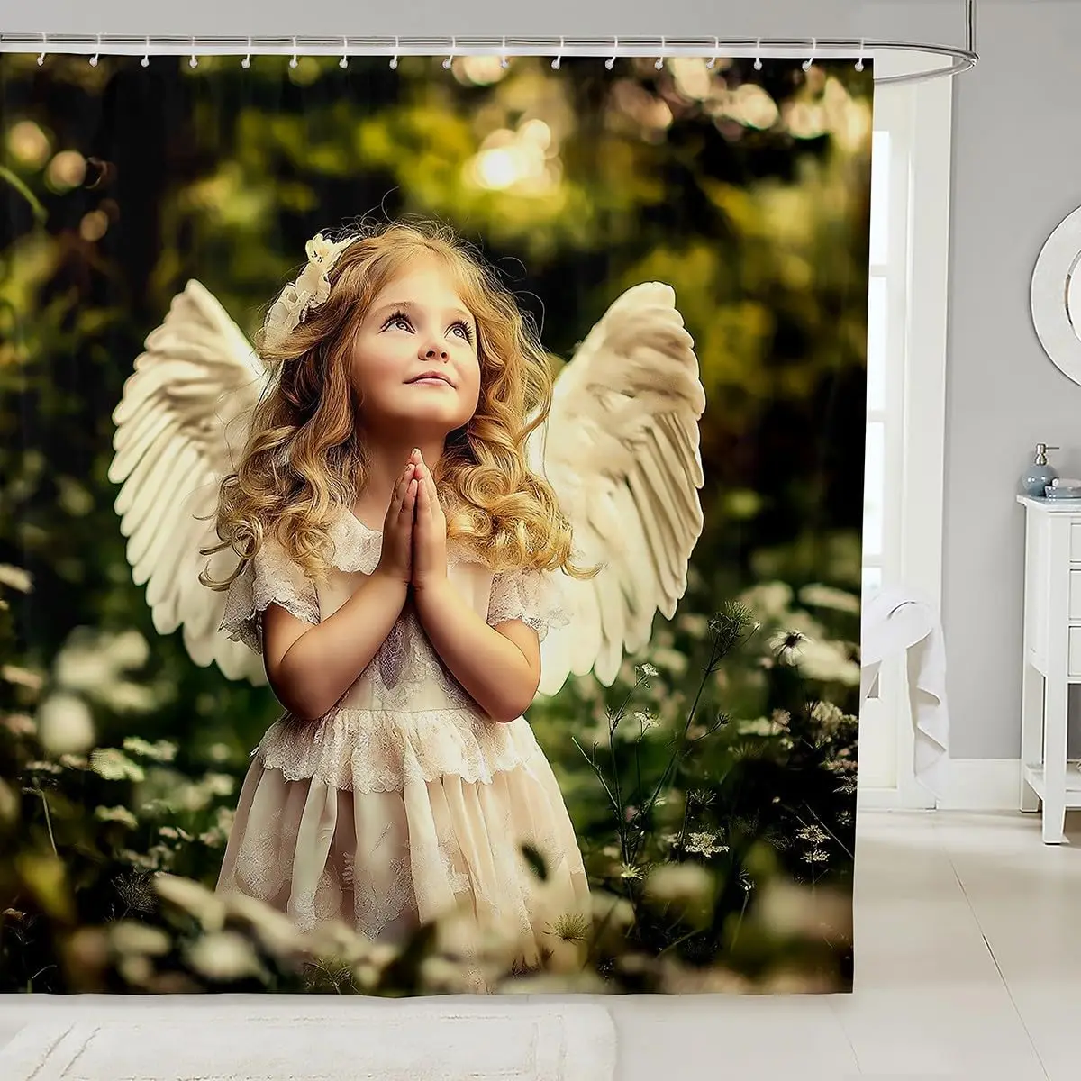 Waterproof Angelic Girl Shower Curtain Aesthetic Bathroom Decor Floral Nature Art Fantasy Print 72x72 Inches Shower Curtain