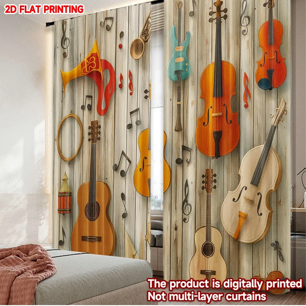 2D flat printing 2pcs Window Curtains Colorful Musical Instruments Display Digital Printed Polyester Drapes Birthday Party Use