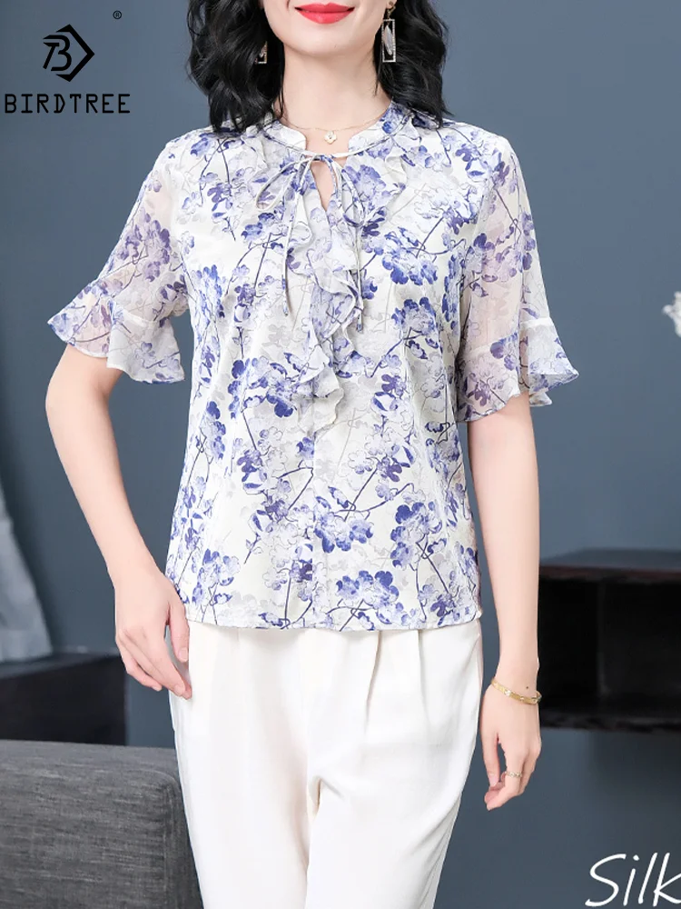 

BirdTree, 91.8% Natural Silk OL Shirts, Women Lace-up Ruffles Floral, Elegant Mom Satin Blouses, 2024 Summer New Tops T44454QM