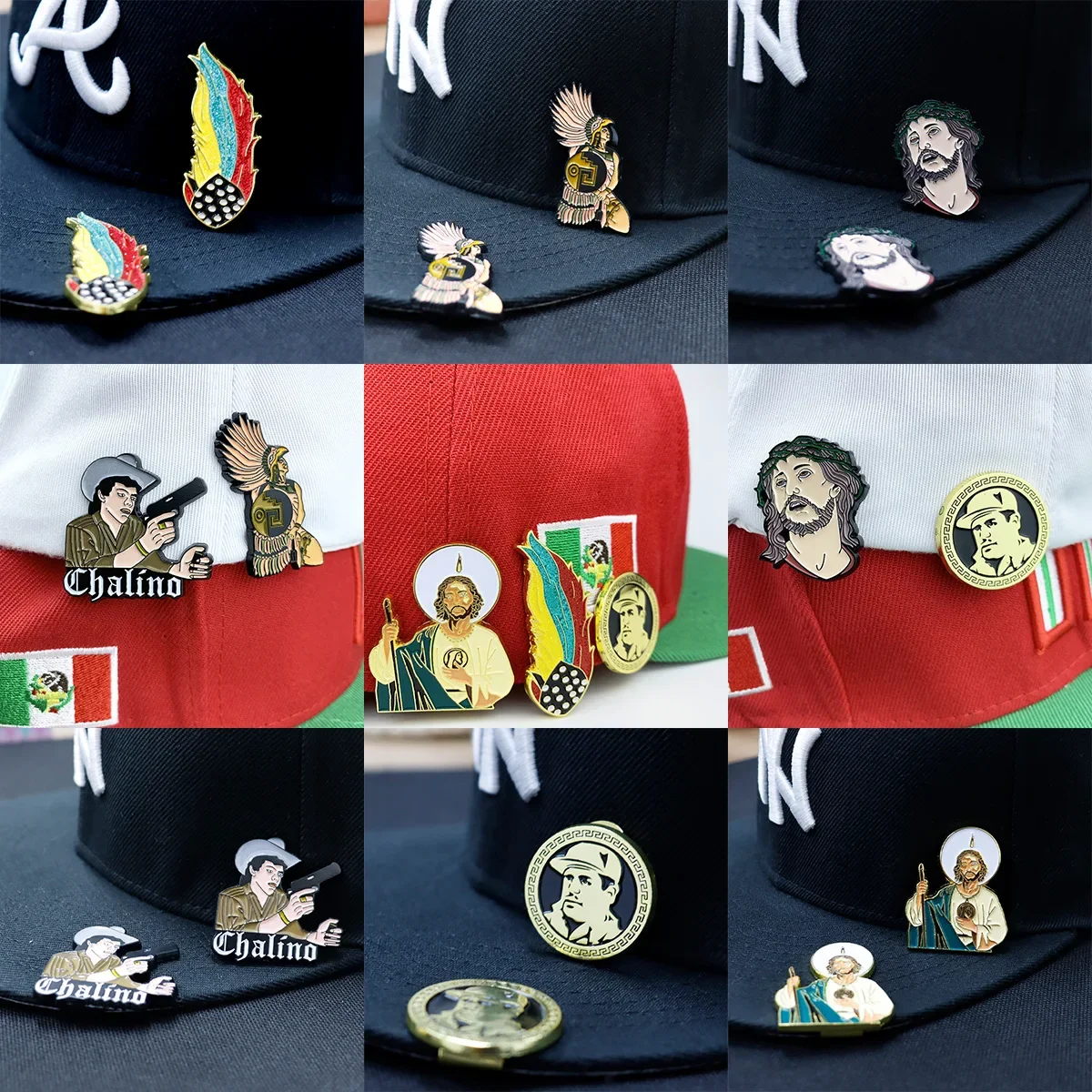 

Jesus Virgin Mary Punk Retro Metal Hat Chain Pins Cool Mexican Hat Clip Badge Enamel Backpack Jewelry Brooch Custom Wholesale