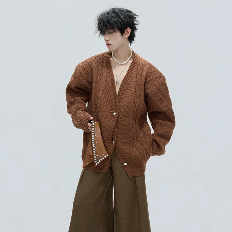 LUZHEN 2025 New Fake Two Piece Design Splicing Rivet Metal Decorate Leather Neck Knitted Cardigan Men's Fashion Sweater JY4799