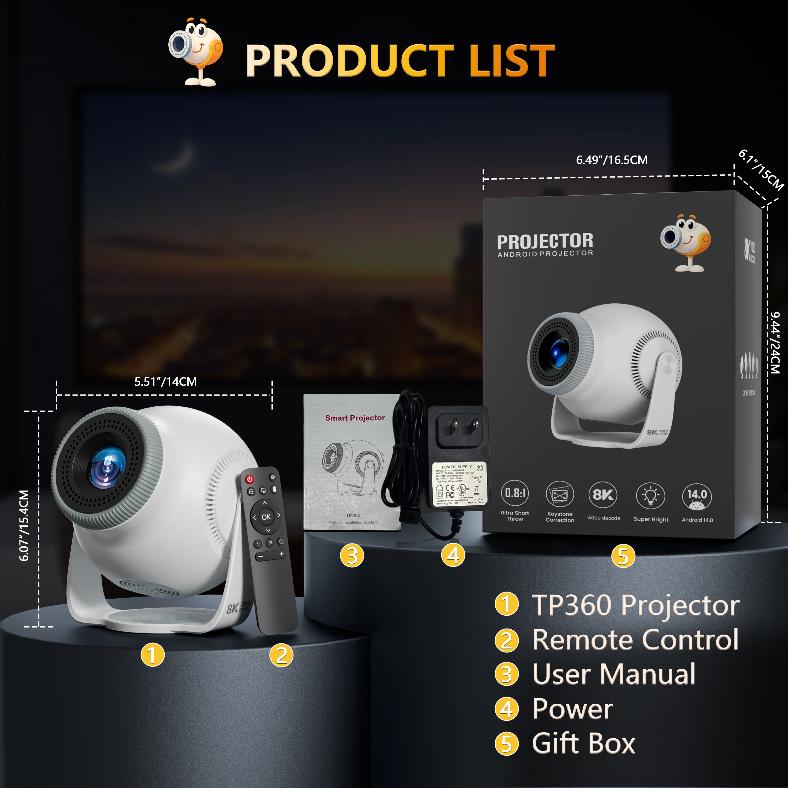 Velec TP360 미니 프로젝터 8K 디코딩 안드로이드 14 자동 초점 450 ANSI 720P HD 휴대용 야외 영화 프로젝터 홈 시어터용