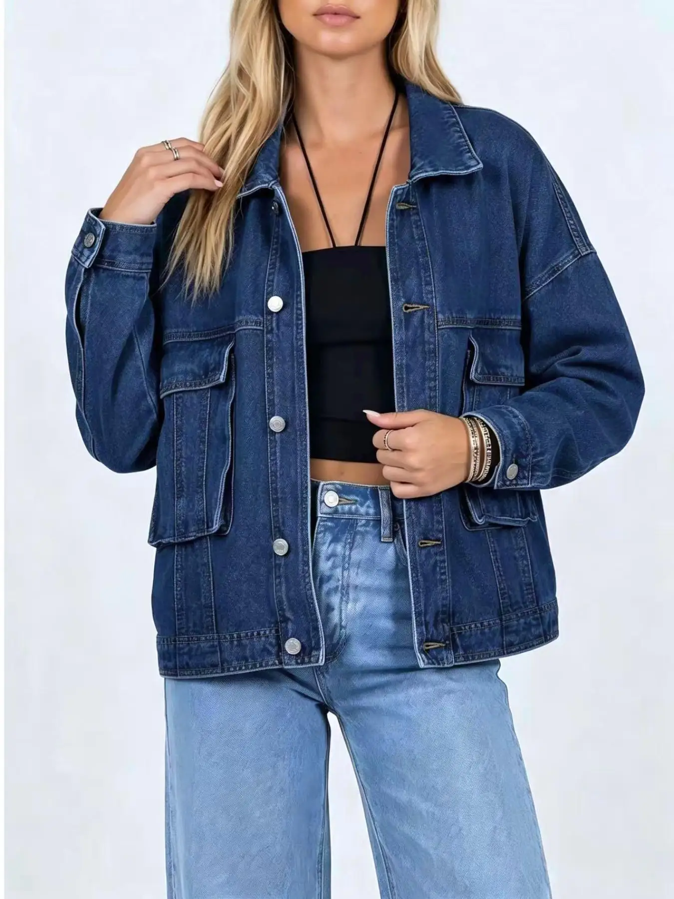 Vintage Oversized Big Pocket Denim Jacket, Lazy Vibe Fall Must‑Have Denim Coat