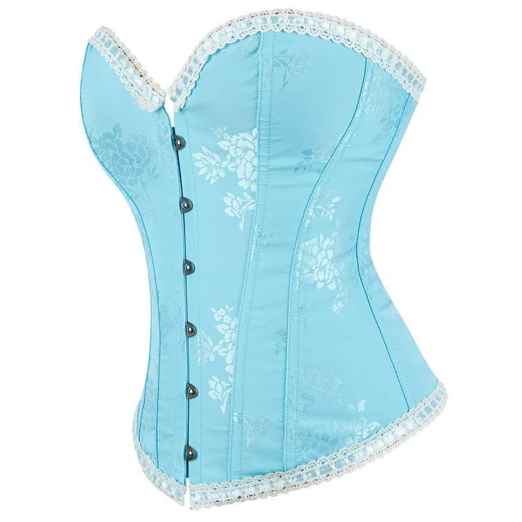 Women's Satin Jacquard Overbust Corset Sexy Waist Trainer And Body Shaping Top Lace Ribbon Trim Corset Vintage Lace-Up Bustier