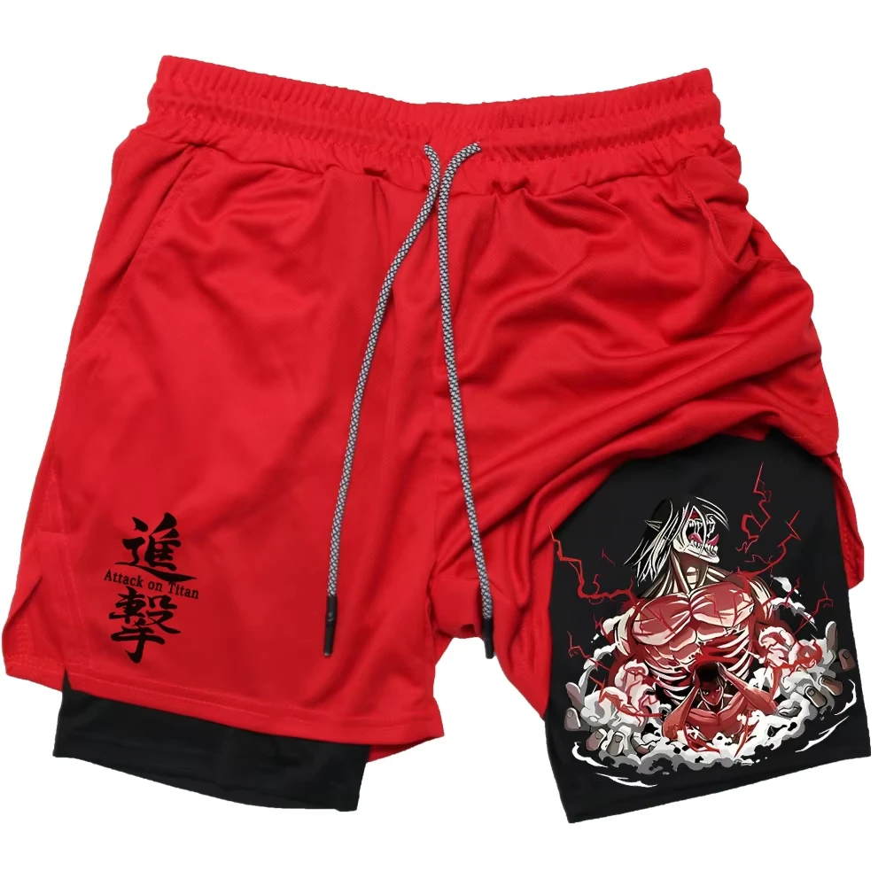 Anime Gym Shorts Men Fitness Gothic Manga 2 in 1 Performance Shorts Mesh Quick Dry Athletics Short Pants Summer Training Male