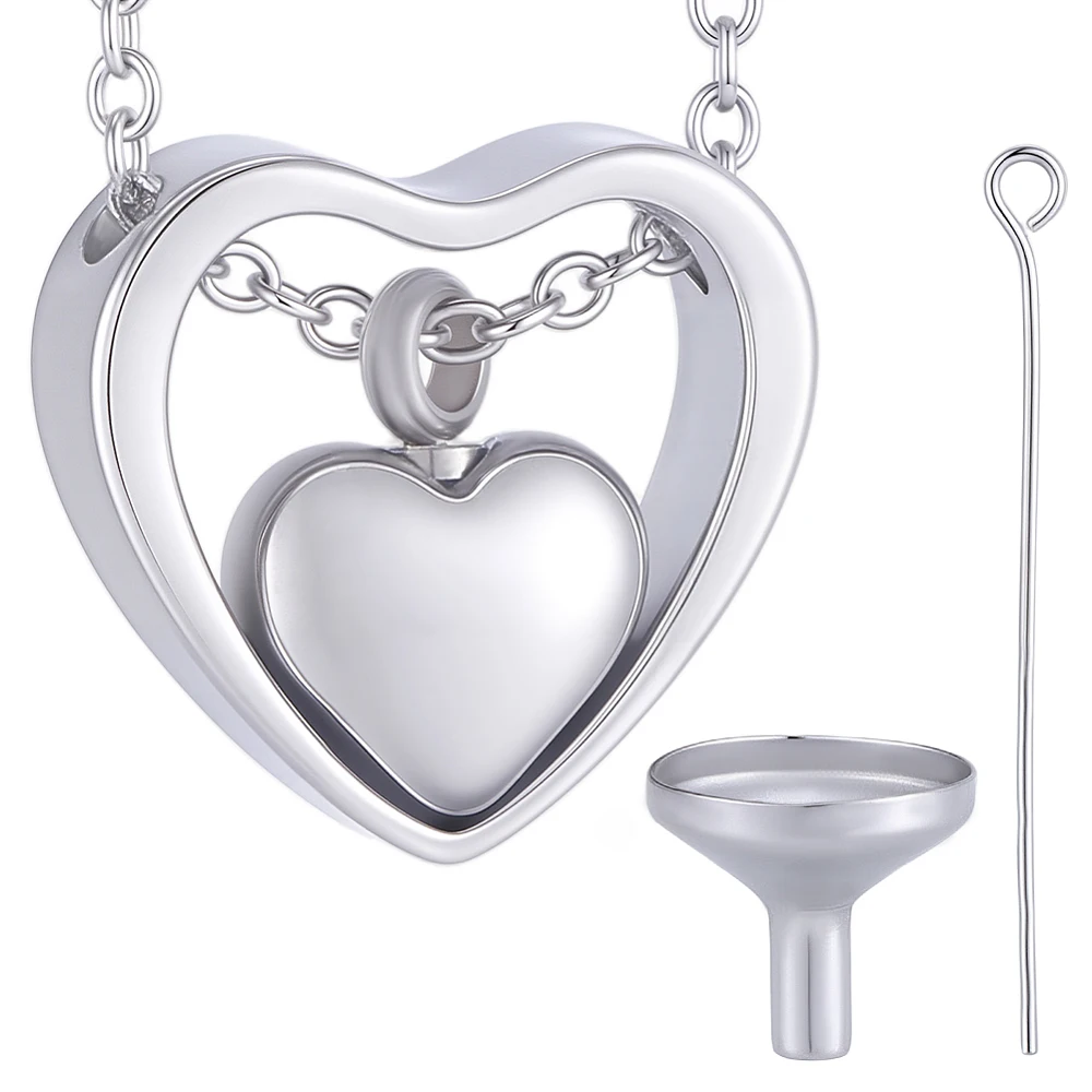 1 Box Double Heart Urn Necklace Silver Ashes Necklace 16 Inch Stainless Steel Keepsake Pendant Locket Funnel with Eye Pins