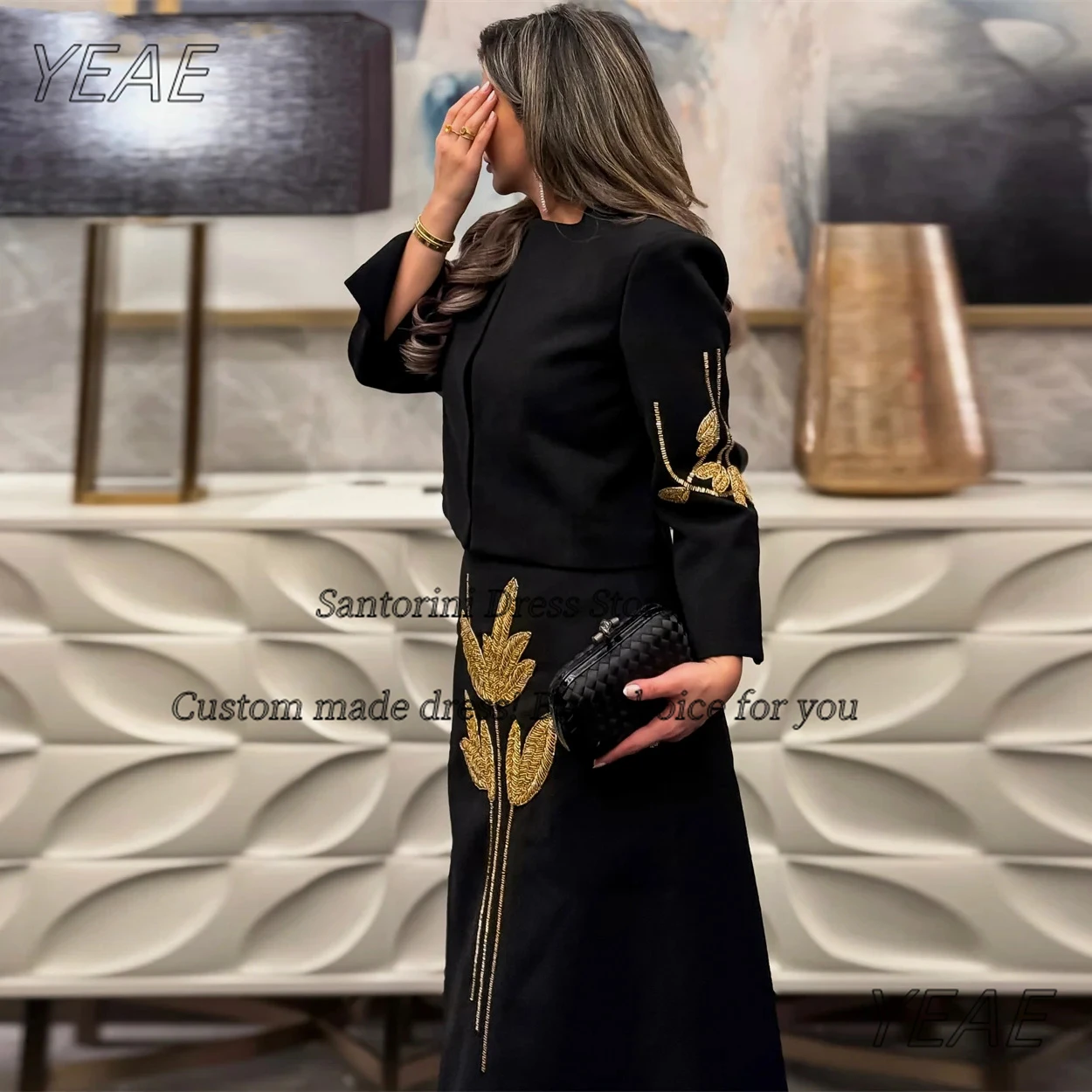 Santorini Black Satin Saudi Arabia Evening Dresses Beading Ankle Length Prom Dress Customized Long Sleeves Jackets Vestidos Des image 3