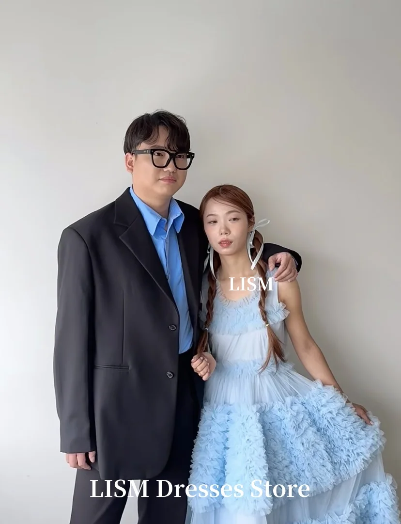 LISM azul A-Line vestidos de noche simples escalonados tul suave dulce vestidos largos de fiesta corsés personalizados espalda nneinize