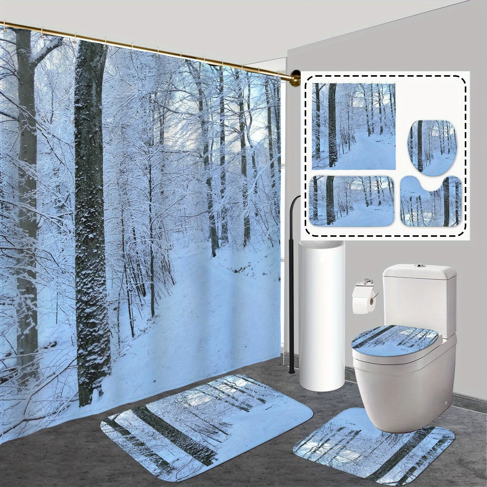 

Winter Pine Shower Curtain Set 4PC - Holiday Bathroom Decor with 12 Hooks, Non-Slip Mat & U-Shape Toilet Cover, Polyester Fabric