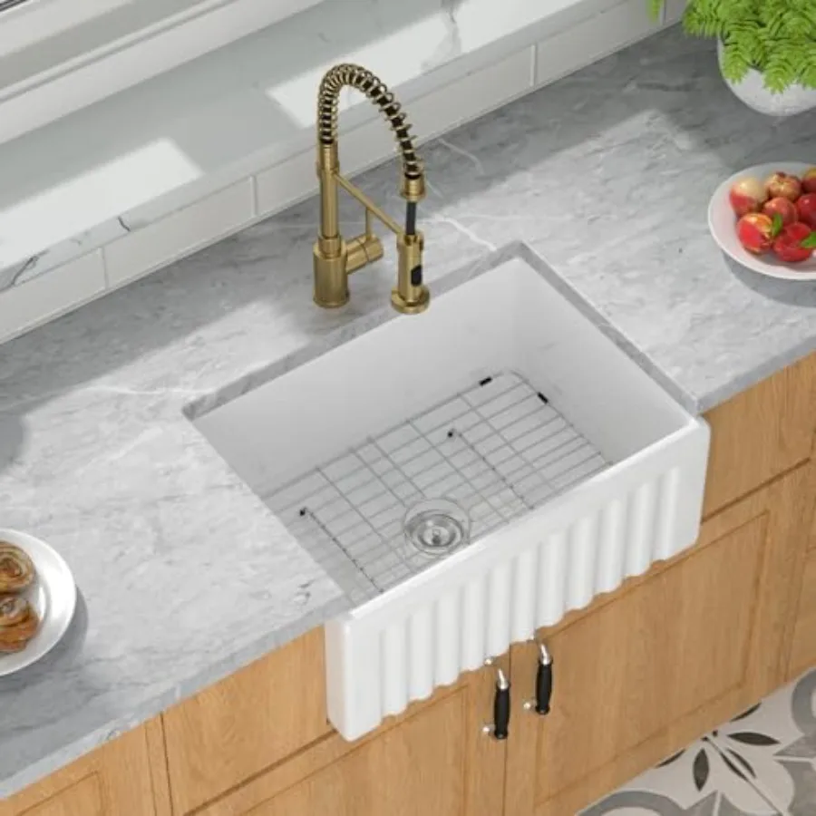 

24 Inch White Undermount Farmhouse Kitchen Sink with Reversible Flat Apron Front and Offset Drain - Deep Single Bowl Fireclay S
