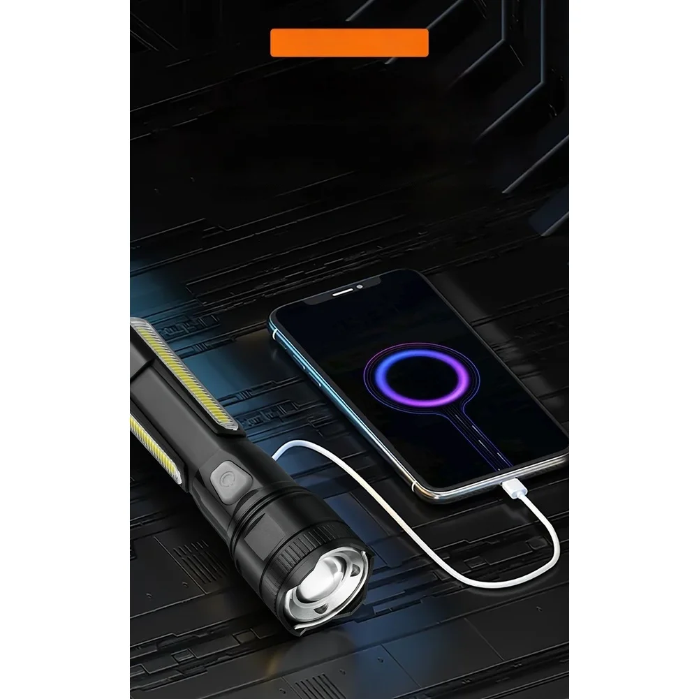 High Performance Rechargeable Flashlight with Zoom Function Type C Fast Charge and COB Flood Light for Outdoor Adventures
