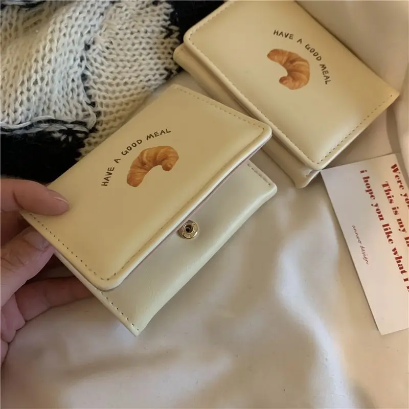 Korean Small Wallet Women Credit Wallet Cartoon Cute Bread PU Leather Hand Bags Three Fold Multi Cards Card Holder Student