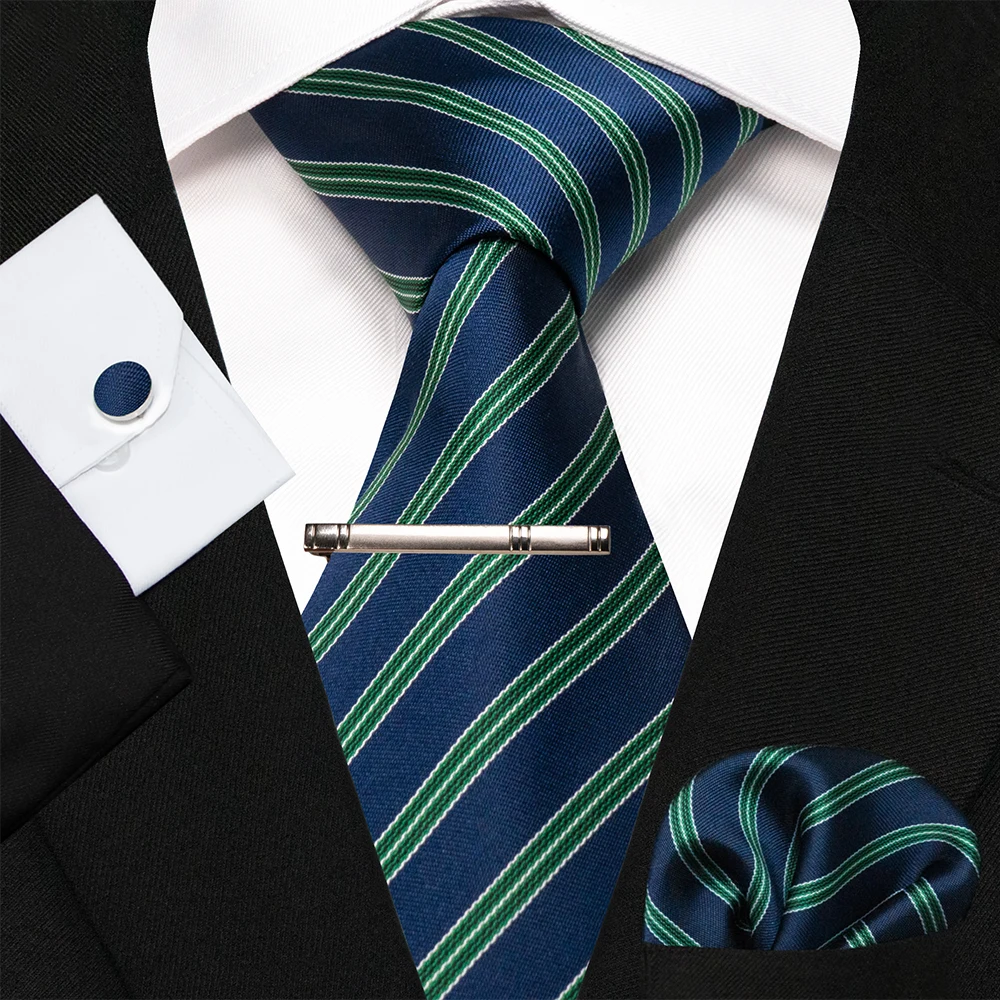 KAMBERFT Marineblau Gestreifte Seidenkrawatte für Herren, Modisches Design, Geschenkset mit Taschentuch und Manschettenknöpfen, Business-Party-Gravata – Detail 6