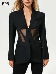 BPN-Chaqueta de malla transparente de retazos para mujer, Blazer Sexy de manga larga con cuello de nariz, Túnica adelgazante sólida, a la moda ropa femenina, nuevo