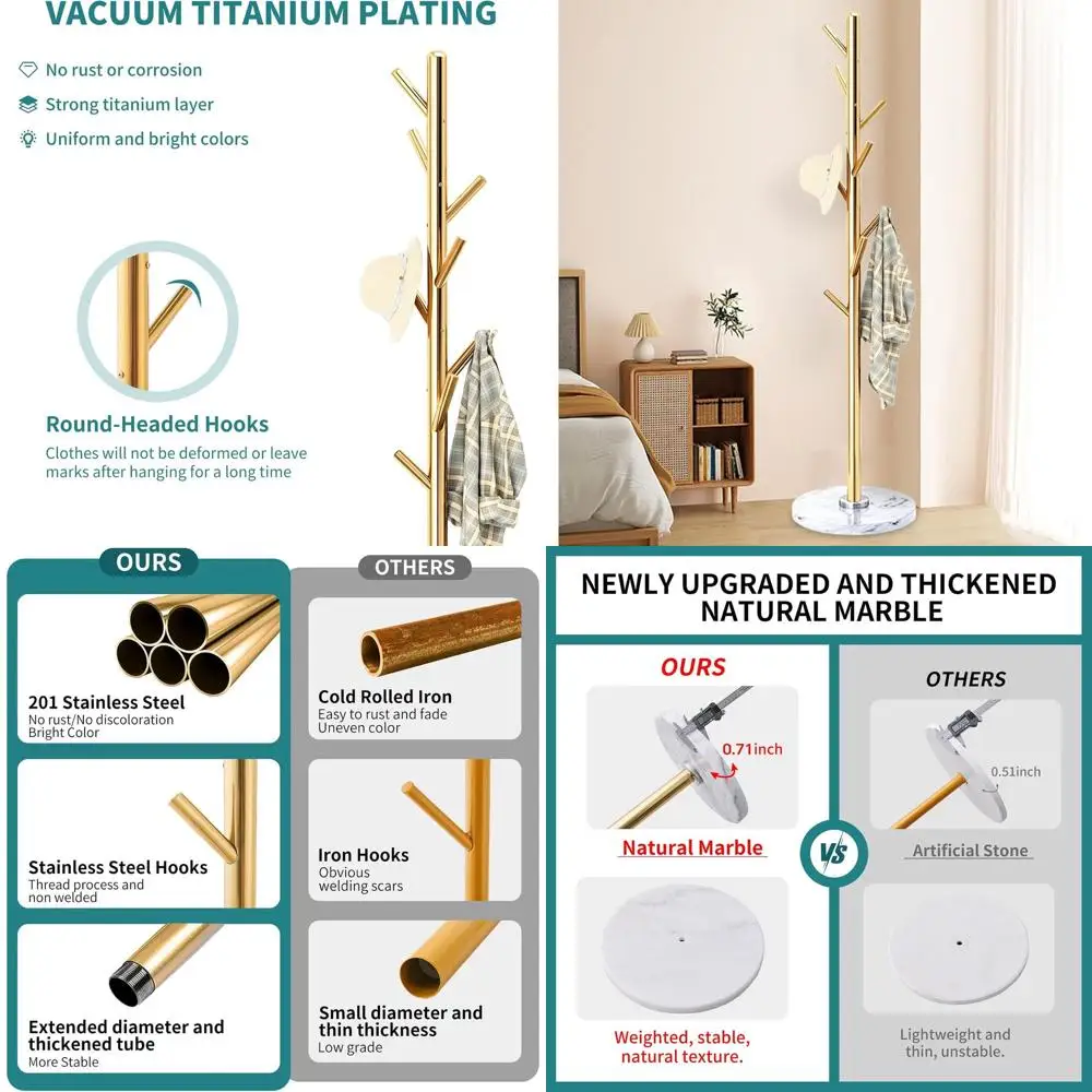 

Золотая напольная вешалка с 8 крючками и основанием из натурального мрамора для прихожей и коридора