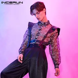 INCERUN Tops 2024 Mens Long Sleeve Mesh Shirts Casual Printing Shirt Man See Through Loose Blouse Fashion Party Lapel Blouse 5XL