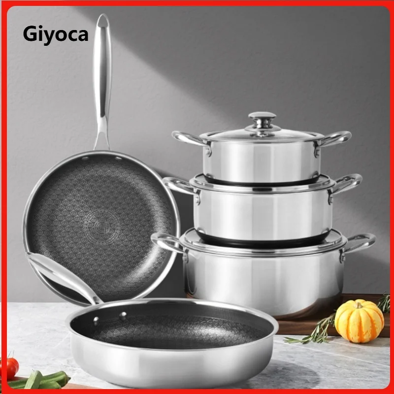 

Giyoca Spot Goods Non-stick Frying Pan Saucepan Uncoated Soup&Stew Pot Set 316 Stainless Steel Kitchen Multi-function Set Pots