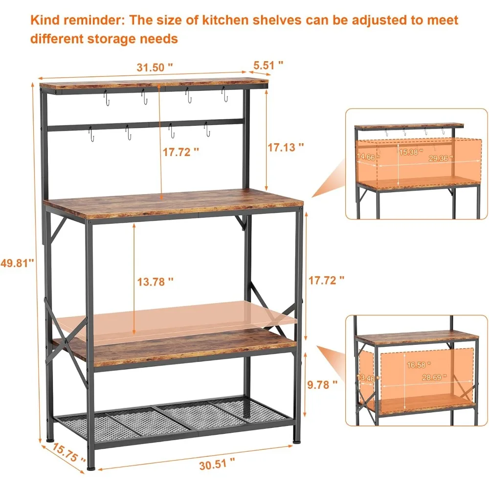 Bakers Racks for Kitchens with 31.5 x 15.7 Inch Larger Desktop, Microwave Stand with Adjustable Middle Shelf, Coffee Bar with 8