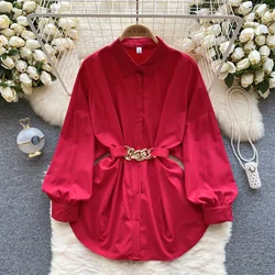 Elegant Chic solid Plelated Dress beit A-line Casual  Puff Sleeve Long sleeves O-Neck High  Spring Summer Vacation Robe