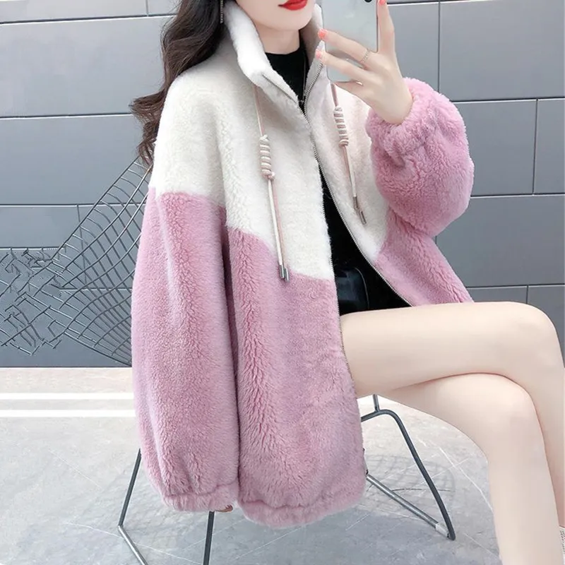 Lamb Wool Hoodie Coat Women Long Sleeve Splice Sweatshirt Student Autumn Winter Jacket Women Casual Warm Girl Furry Outewear 511