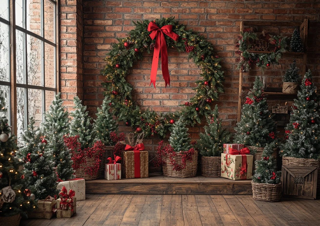 Farmhouse Style Christmas Brick Wall Background Cloth Wreath Mini Tree Gift Box For Family Baby Holiday Studio Shooting Decor
