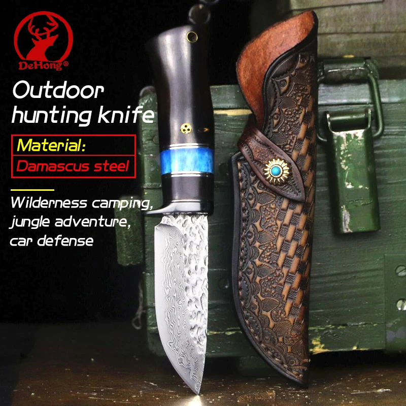 

Forged VG10 Damascus steel outdoor hunting straight knife Jungle adventure defensive knife Ebony + camel bone collection knife