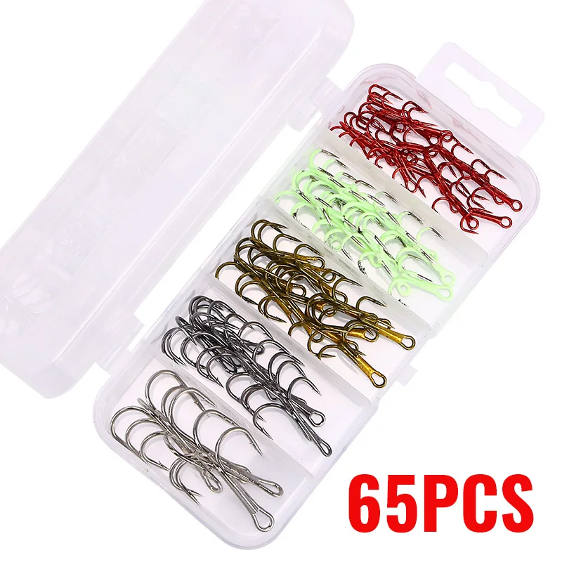 WEIHE 65PCS 5 Farben 2 #   4 #   6 #   8 #   10 #   Drillinge aus Kohlenstoffstahl, Angelhaken-Set, kombinierte Angel-Drillinge