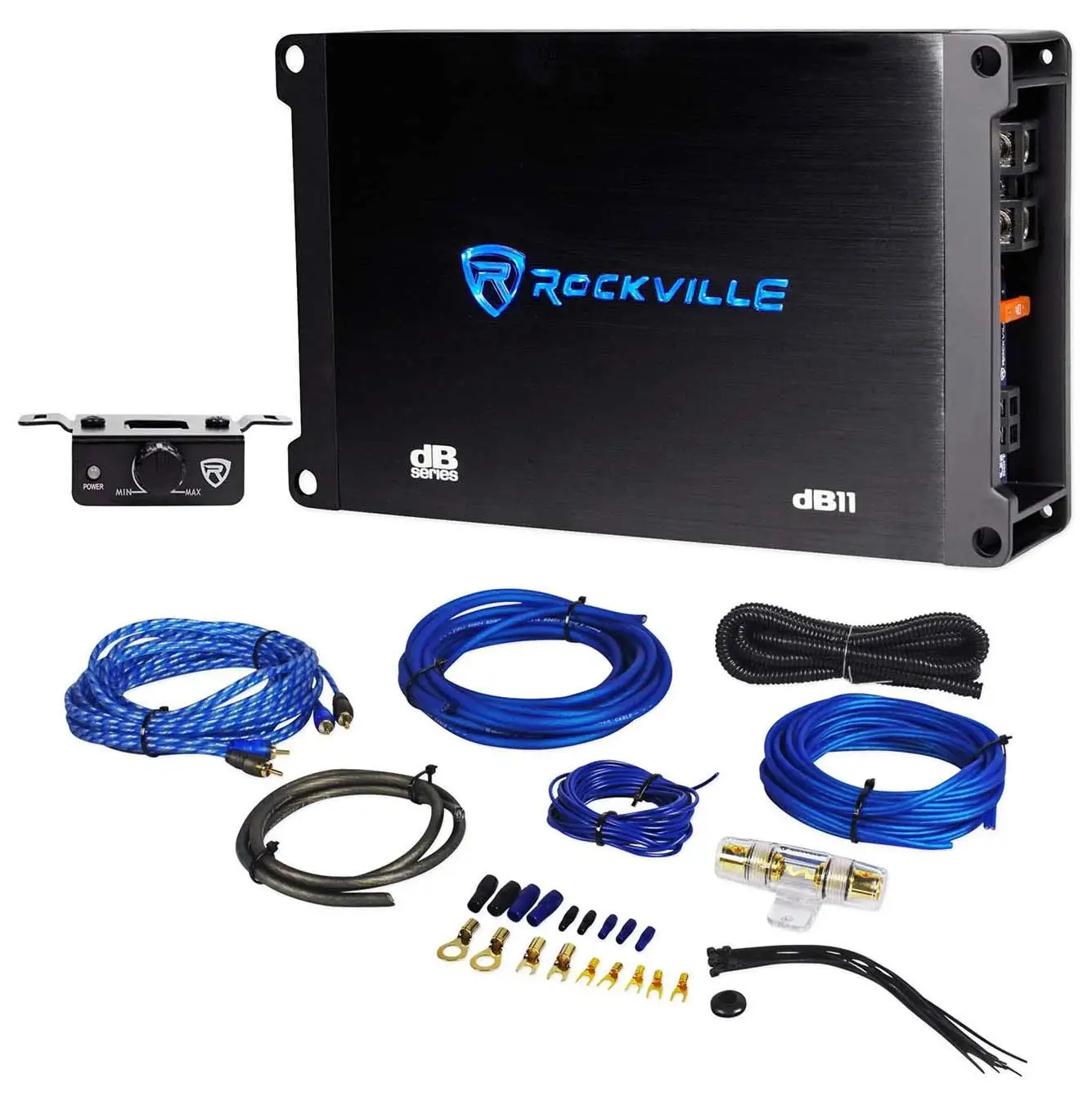 dB11 Bundle: 1400W Peak/350W RMS Dyno-Certified Mono 2-Ohm Car Amplifier with Bass Remote, RWK81 8 Gauge Complete Amplifier Wiri