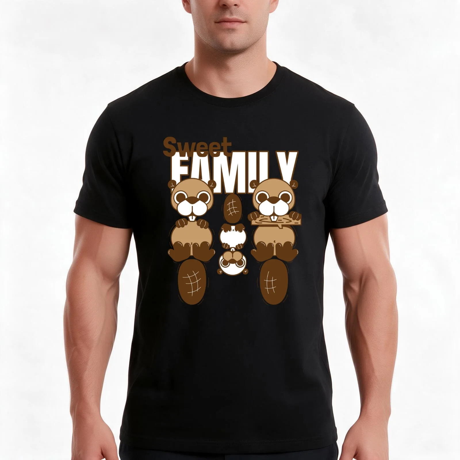 Beaver Family T-Shirt Summer Casual Cotton Tee Oversized Streetwear Tops Vintage Graphic Print Loose Fit Short Sleeve
