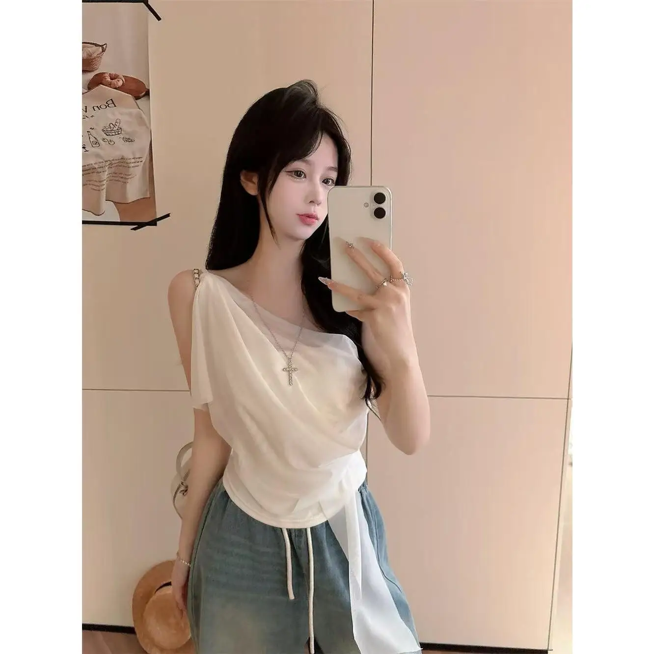 Pure Desire Irregular Shoulder Strap Vest Women Summer Design Sensual Mesh Tank Top with Chest Pad Korean Style Elastic Short...