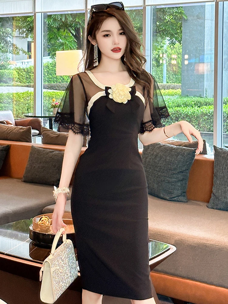 2023 Celebrity Style Sexy Dresses for Woman Black Sheer Mesh Spliced Flower Backless Midi Gown Female Party Robe Holiday Vestido